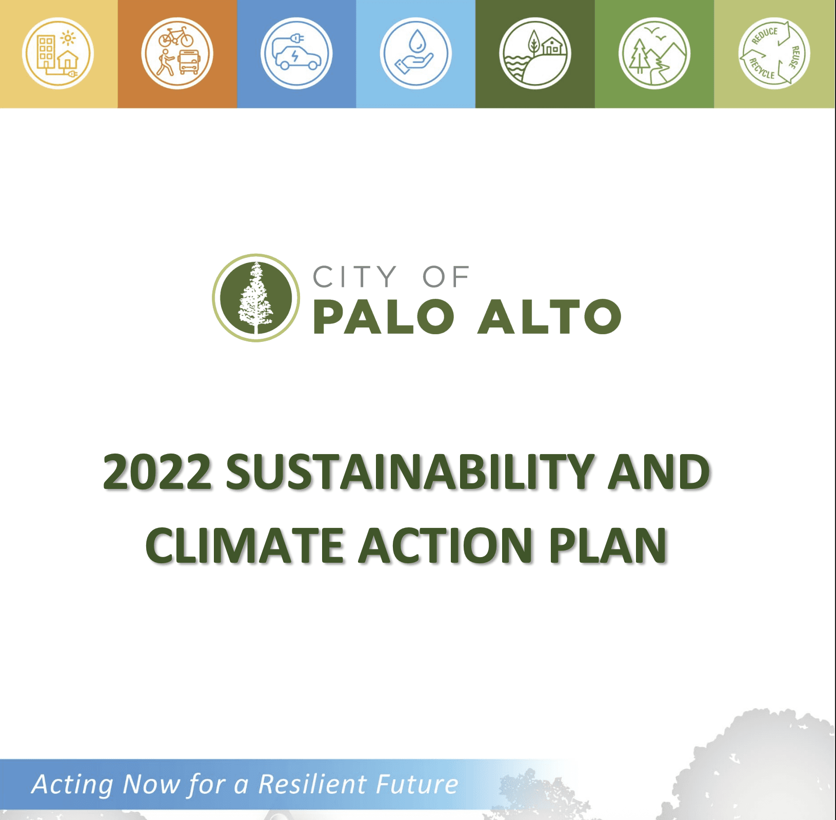Cover of the City of Palo Alto 2022 Sustainability and Climate Action Plan, subtitled 'Acting Now for a Resilient Future'.