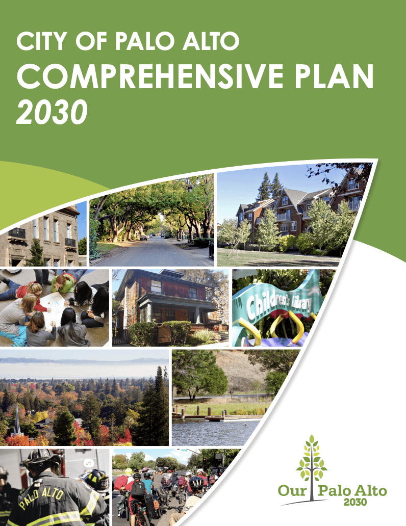 Cover of the City of Palo Alto Comprehensive Plan 2030, titled 'Our Palo Alto 2030', with a collage of neighborhood, park, and community photos.
