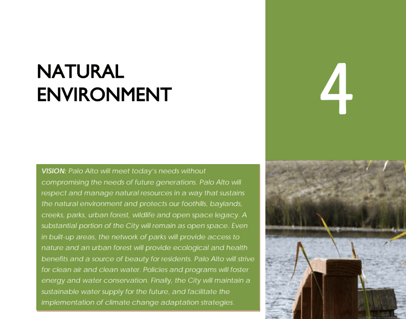 The Comprehensive Plan's 'Natural Environment' chapter-4 divider page, with its Vision statement and a photo of a creek.