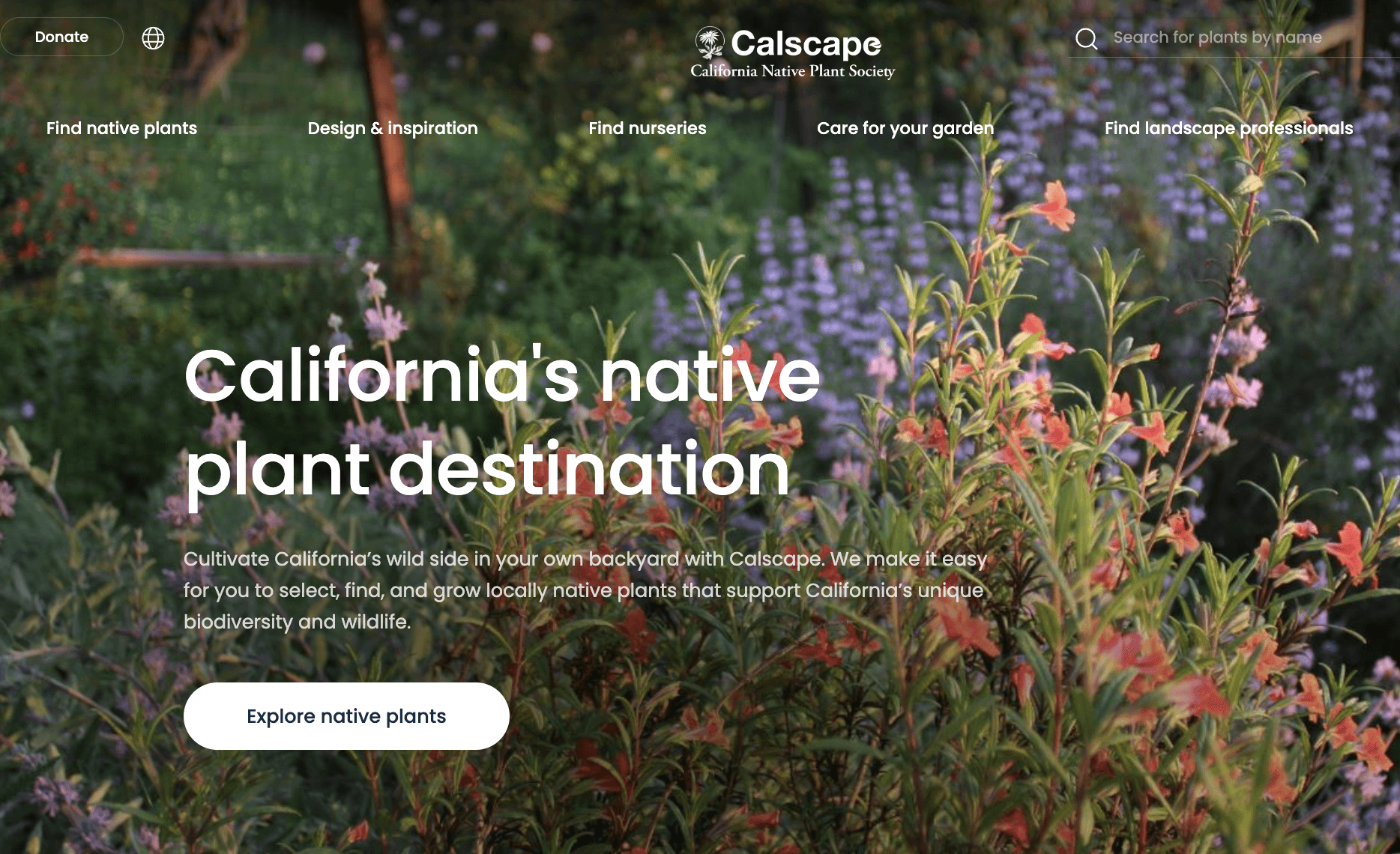 Screenshot of the Calscape website by the California Native Plant Society, showing its homepage: 'California's native plant destination'.