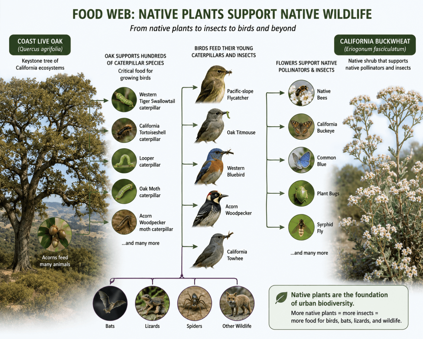 Food web diagram: a Coast Live Oak supports five caterpillar species which support five bird species and other wildlife; California Buckwheat supports native bees and butterflies.