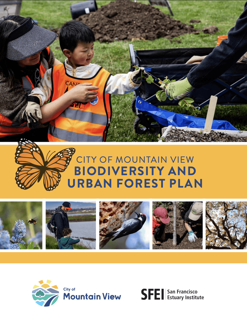 Cover of the City of Mountain View Biodiversity and Urban Forest Plan, with a photo of a child and volunteers planting a tree and a row of native-wildlife photos.