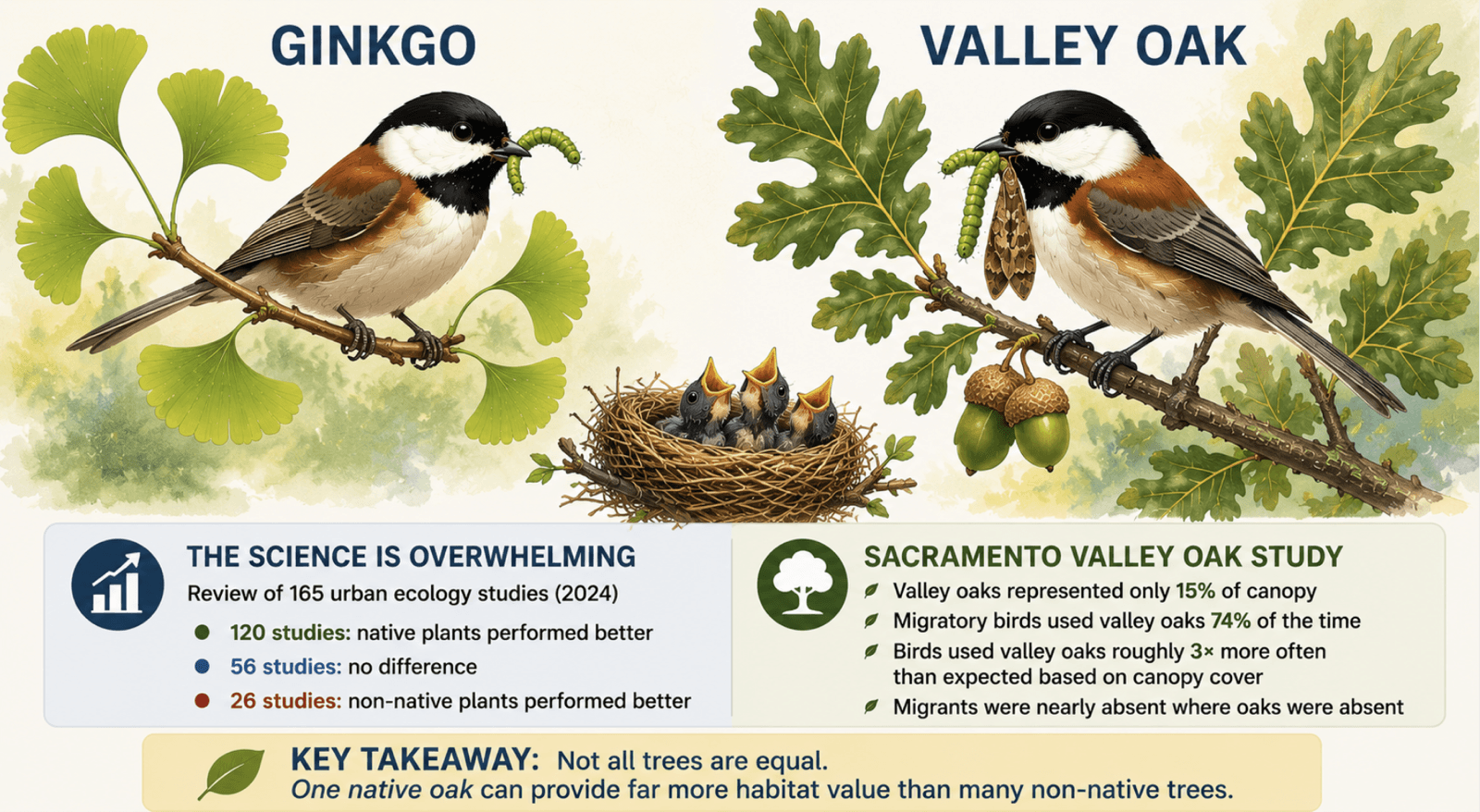 Infographic comparing Ginkgo (non-native) and Valley Oak (native) trees, with bird-feeding statistics: a review of 165 urban ecology studies found native plants better in 120 of them, and a Sacramento Valley oak study found migratory birds used oaks 74% of the time despite being only 15% of canopy.