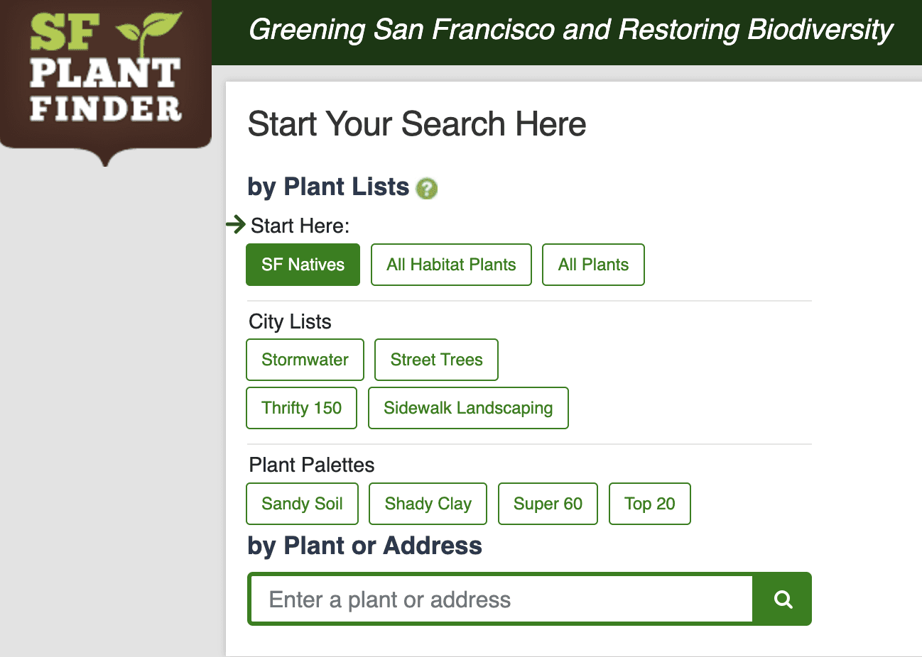 Screenshot of the SF Plant Finder tool, subtitled 'Greening San Francisco and Restoring Biodiversity', with plant-list and city-list search options.