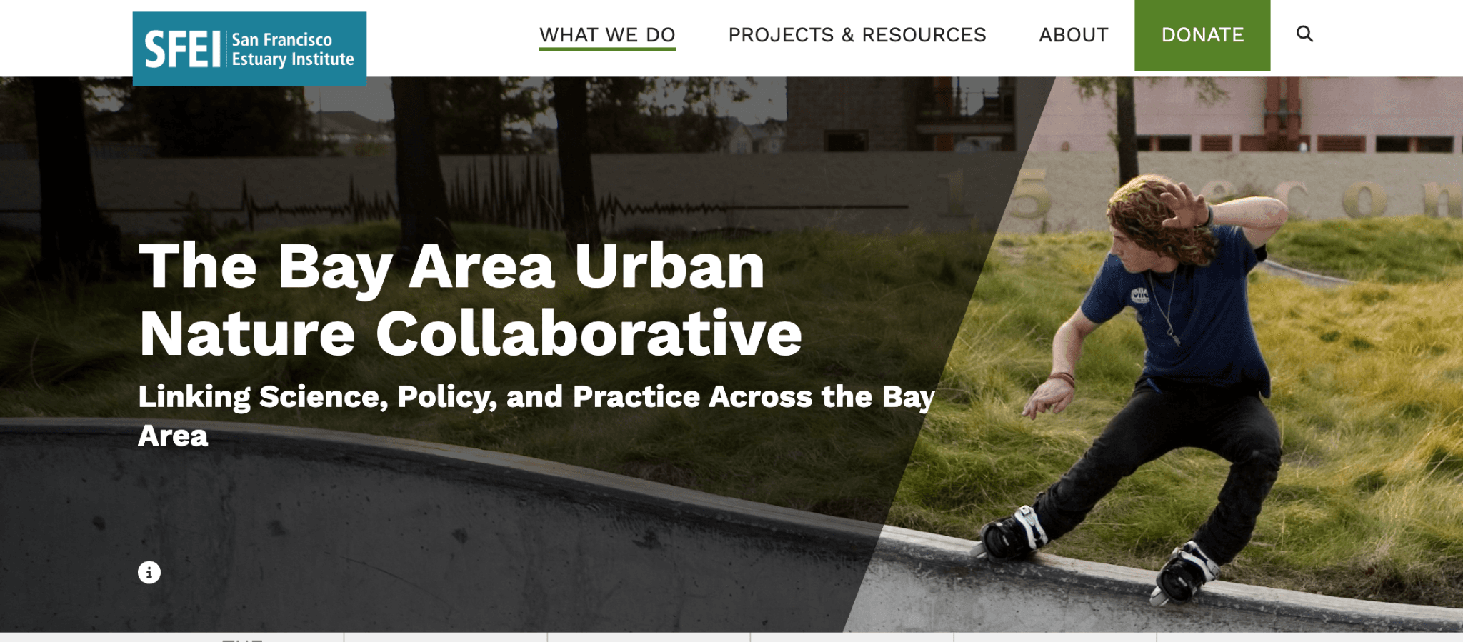 Screenshot of the SFEI website's 'The Bay Area Urban Nature Collaborative' page, subtitled 'Linking Science, Policy, and Practice Across the Bay Area'.