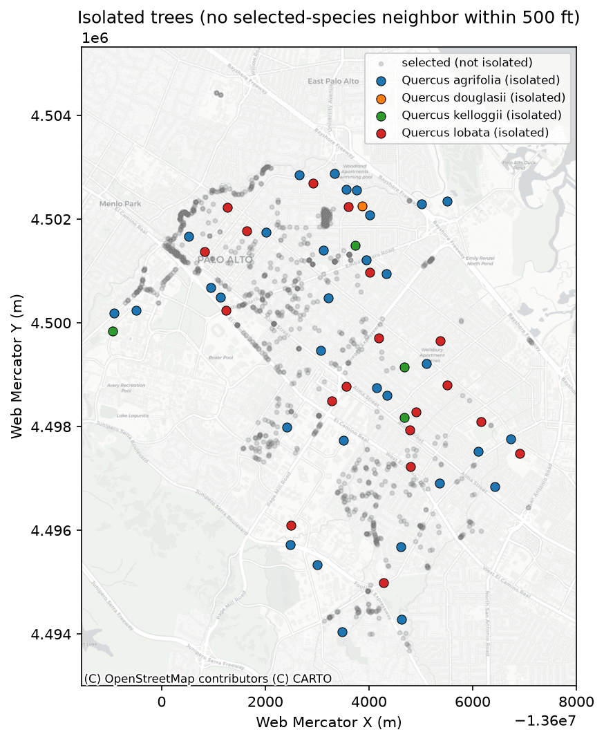 Map of isolated native oak trees in Palo Alto