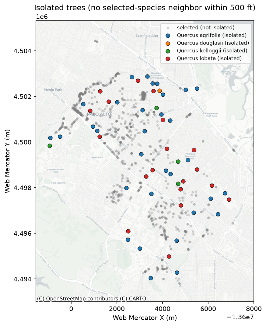 Map of isolated native oak trees in Palo Alto